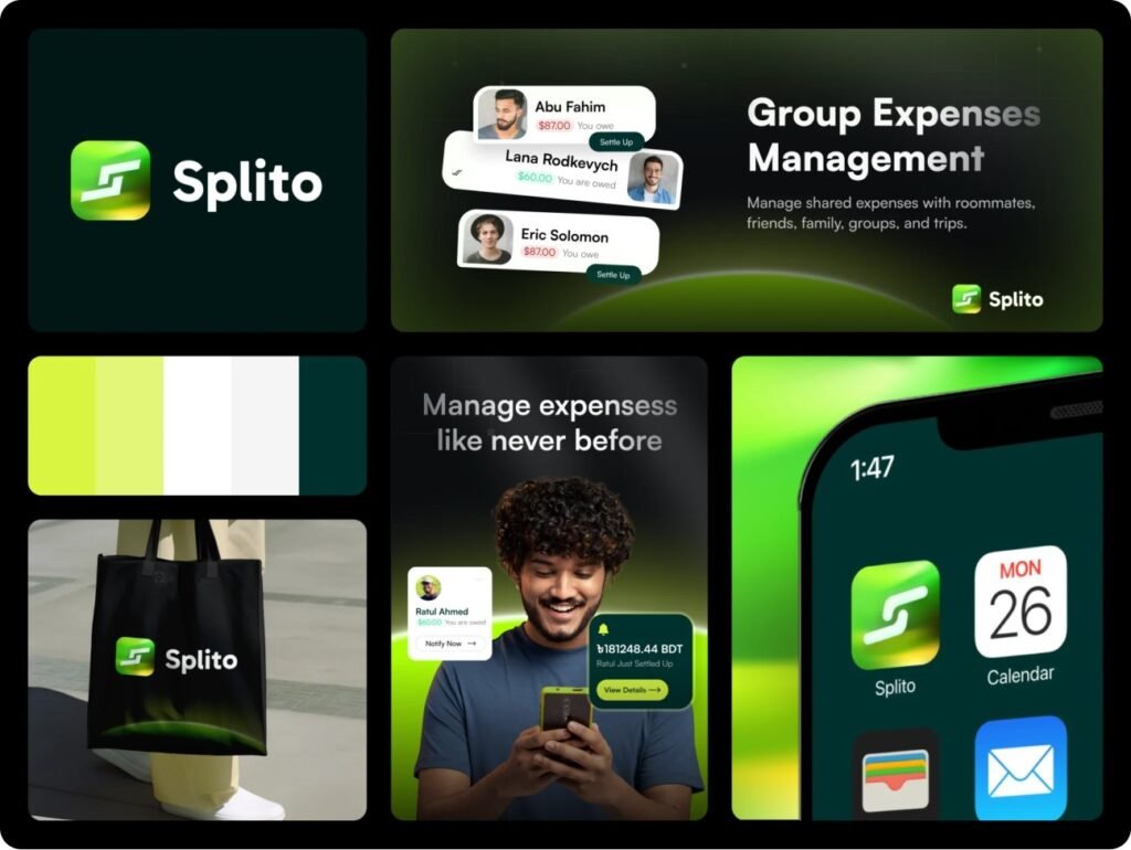 Splitto expense-sharing app brand identity and mobile screens