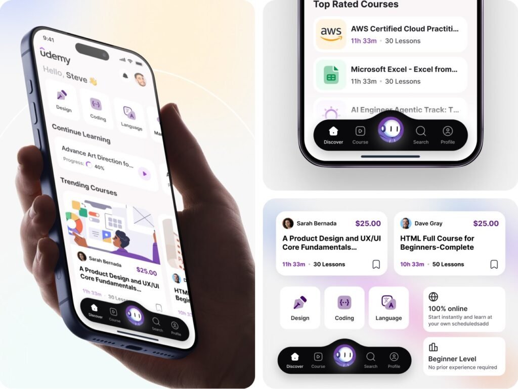 Udemy learning app screens